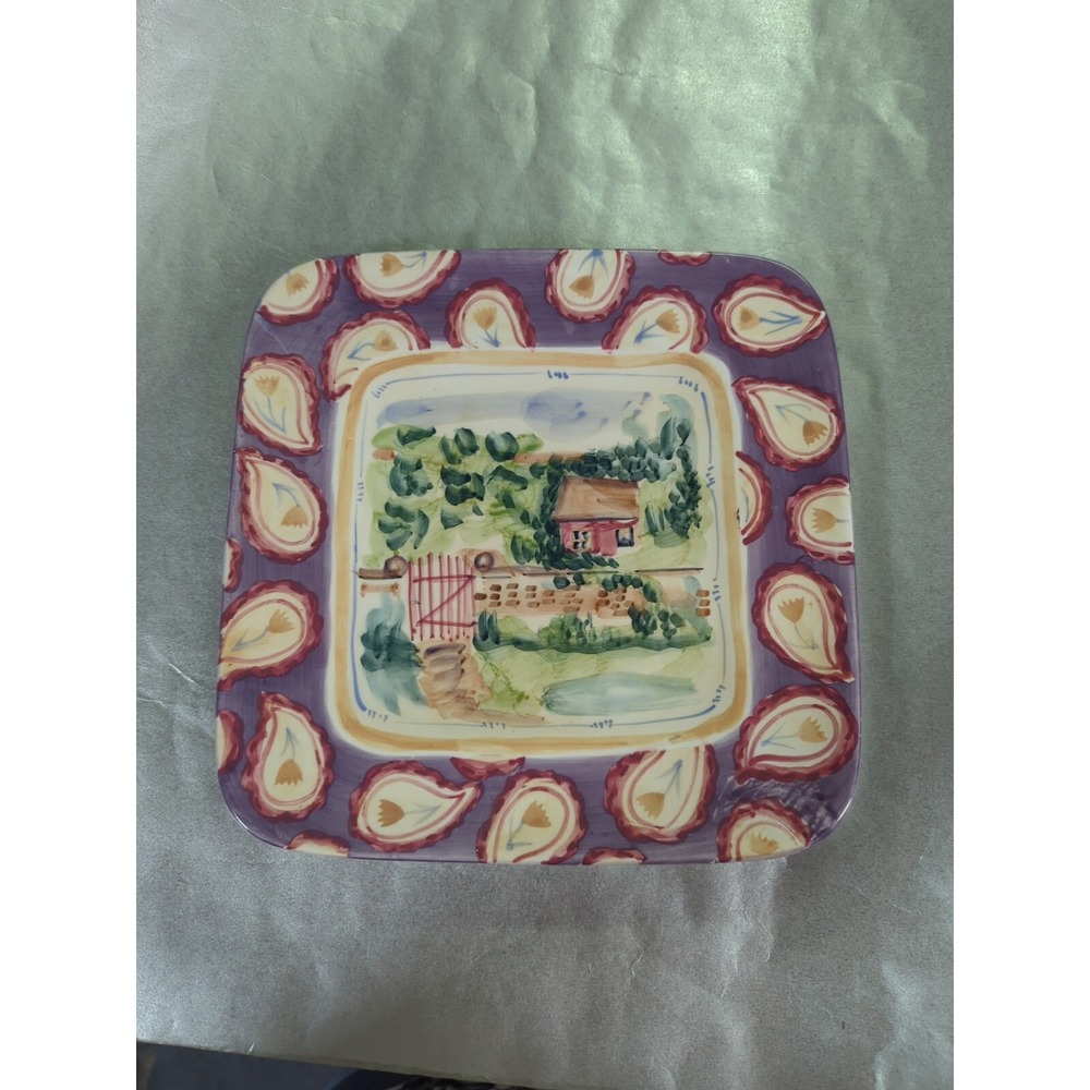 Michal sparks Hand painted Zrike company salad snack plate paisley house & fence